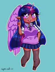 Size: 2550x3300 | Tagged: safe, artist:mylittleyuri, derpibooru import, twilight sparkle, human, g4, alicorn humanization, blue background, blushing, breasts, chibi, clothes, cute, elf ears, female, flats, heart, heart eyes, horn, horned humanization, humanized, necktie, open mouth, shirt, shoes, simple background, skirt, socks, stockings, sweater vest, thigh highs, twiabetes, wingding eyes, winged humanization, wings