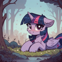 Size: 4608x4608 | Tagged: safe, ai content, derpibooru import, generator:pony diffusion v6 xl, generator:stable diffusion, machine learning assisted, machine learning generated, twilight sparkle, twilight sparkle (alicorn), alicorn, pony, g4, blushing, female, generator:civitai, horn, looking at you, outdoors, prompter:paleluna, smiling, smiling at you, solo, starry eyes, water, wingding eyes, wings