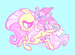 Size: 2048x1516 | Tagged: safe, artist:janegumball, derpibooru import, part of a set, fluttershy, gnome, pegasus, pony, g4, big eyes, big head, blue background, crossover, female, flying, gravity falls, group, lidded eyes, long mane, long tail, looking at someone, looking back, mare, pink mane, pink tail, profile, puking rainbows, quartet, riding, riding a pony, signature, simple background, smiling, spread wings, striped mane, striped tail, tail, thin, two toned mane, two toned tail, vomiting, wings, yellow coat