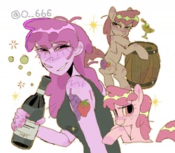 Size: 1425x1240 | Tagged: safe, artist:poneko-chan, derpibooru import, berry punch, berryshine, earth pony, human, pony, g4, alcohol, barrel, big eyes, blush lines, blush scribble, blushing, bottle, bubble, clothes, cutie mark tattoo, drink, drunk, ear blush, emanata, eyelashes, female, frown, hock blush, holding, human paradox, humanized, keg, knee blush, leg blush, lidded eyes, lighter coat, looking back, mare, martini, nose blush, painted nails, pink coat, pink eyes, pink hair, pink mane, pink nail polish, pink skin, pink tail, raised hoof, raised hooves, raised leg, self paradox, self ponidox, shiny hair, shiny mane, shiny tail, signature, simple background, sitting, smiling, sparkles, sweat, sweatdrop, tail, tanktop, tattoo, thinking, triality, white background, wine bottle