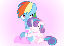 Size: 1920x1400 | Tagged: safe, artist:snowflakepone, derpibooru import, princess flurry heart, rainbow dash, alicorn, pegasus, pony, g4, angry, blue coat, booties, curly hair, curly mane, cute, diaper, diapered, duo, duo female, eyes closed, eyes open, female, filly, foal, folded wings, frown, gradient background, hug, looking away, mare, multicolored hair, non-baby in diaper, pink background, purple eyes, rainbow dash is not amused, rainbow hair, simple background, sitting, unamused, white diaper, wings