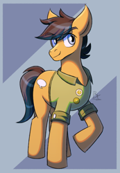 Size: 1383x2000 | Tagged: safe, artist:bkiltersot, derpibooru import, quibble pants, earth pony, pony, g4, blue background, blue eyes, clothes, green shirt, looking at you, male, raised leg, shirt, simple background, solo, stallion