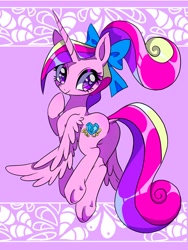 Size: 1200x1600 | Tagged: safe, artist:stacy_165cut, derpibooru import, princess cadance, alicorn, pony, g4, abstract background, big eyes, blue bow, bow, butt, curly hair, curly mane, curly tail, cute, cutedance, dock, female, filigree, flying, hair accessory, hair bow, horn, long horn, long mane, long tail, looking back, lovebutt, mane accessory, mare, patterned background, pink coat, purple eyes, raised hoof, raised leg, shiny mane, shiny tail, smiling, solo, sparkly eyes, tail, teen princess cadance, three toned mane, three toned tail, underhoof, unicorn horn, wing fluff, wingding eyes, wings, wings down, young cadance