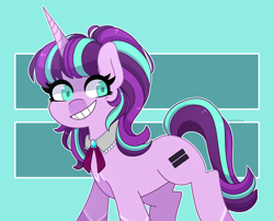 Size: 2540x2057 | Tagged: safe, artist:emera33, derpibooru import, starlight glimmer, pony, unicorn, g4, creepy, creepy smile, cutie mark background, equal sign background, evil smile, horn, s5 starlight, smiling, solo