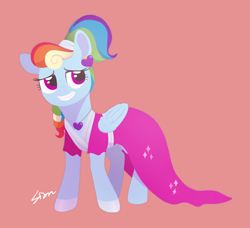 Size: 1380x1260 | Tagged: safe, artist:sion, derpibooru import, rainbow dash, pegasus, pony, g4, alternate hairstyle, clothes, dress, female, grin, jewelry, lidded eyes, mare, megaradash, necklace, red background, signature, simple background, smiling, solo, wings