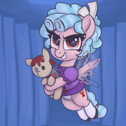 Size: 3000x3000 | Tagged: safe, artist:t72b, derpibooru import, cozy glow, pegasus, pony, baby doll, batman, bow, clothes, dc comics, doll, evil smile, female, filly, flying, foal, freckles, grin, holding, hoof hold, looking at you, shoes, skirt, smiling, socks, toy