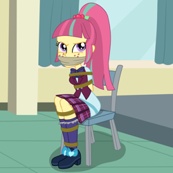 Size: 2000x2000 | Tagged: safe, artist:nie-martw-sie-o-mnie, derpibooru import, part of a set, sour sweet, human, equestria girls, g4, bondage, chair, cloth gag, clothes, crystal prep academy uniform, female, femsub, freckles, gag, ponytail, ribbon bow tie, rope, rope bondage, school uniform, shoes, sitting, skirt, socks, solo, soursub, submissive, vest