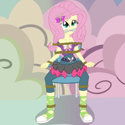 Size: 2500x2500 | Tagged: safe, artist:nie-martw-sie-o-mnie, derpibooru import, part of a set, fluttershy, human, dance magic, equestria girls, g4, bondage, butterfly hairpin, chair, cleave gag, cloth gag, clothes, equestria girls specials, female, femsub, fluttersub, gag, leggings, rope, rope bondage, sitting, solo, spread legs, spreading, submissive