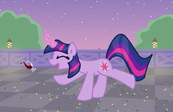 Size: 1001x650 | Tagged: safe, artist:purblehoers, derpibooru import, twilight sparkle, unicorn twilight, pony, unicorn, g4, alcohol, confetti, dancing, drunk, eyes closed, female, glass, horn, magic, mare, party, pink sky, raised hoof, raised leg, solo, stars, sunset, wine, wine glass