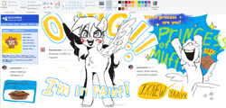 Size: 1882x902 | Tagged: safe, artist:azaani-art, derpibooru import, derpy hooves, pegasus, pony, blush scribble, blushing, female, food, hooves in air, mare, ms paint, muffin, myspace, open mouth, open smile, pixel-crisp art, simple background, smiling, solo, text, white background