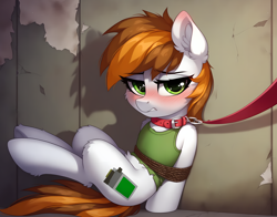 Size: 3680x2880 | Tagged: safe, ai content, derpibooru import, machine learning generated, oc, oc only, oc:littlepip, pony, fallout equestria, g4, blushing, bondage, clothes, collar, ear blush, ear fluff, ears, female, fluffy, human shoulders, leash, mare, prompter:jlege, solo