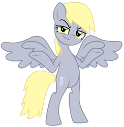 Size: 1470x1505 | Tagged: safe, alternate version, artist:savage-bases, artist:twilyisbestpone, derpibooru import, derpy hooves, pegasus, pony, g4, alicorn wings, bipedal, evil smile, female, grin, looking at you, mare, shrug, simple background, smiling, smug, solo, spread wings, transparent background, underp, wings