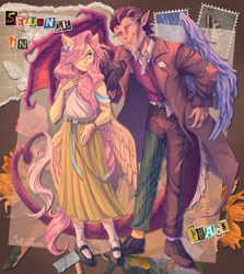 Size: 1826x2048 | Tagged: safe, artist:gull marine, derpibooru import, discord, fluttershy, human, abstract background, duo, duo male and female, eared humanization, elf ears, female, humanized, male, text, winged humanization, wings