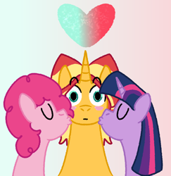 Size: 1244x1279 | Tagged: safe, artist:zoeyhorse, derpibooru import, pinkie pie, sunset shimmer, twilight sparkle, twilight sparkle (alicorn), alicorn, earth pony, pony, unicorn, blush sticker, blushing, eeee, eyes closed, female, gradient background, heart, horn, kiss on the cheek, kiss sandwich, kissing, kissy face, lesbian, mare, polyamory, ship:sunsetpie, shipping, sunsetsparkle, trio, trio female