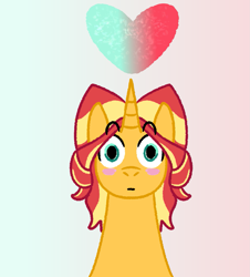 Size: 1131x1253 | Tagged: safe, artist:zoeyhorse, derpibooru import, sunset shimmer, pony, unicorn, blush sticker, blushing, eyebrows, eyebrows visible through hair, gradient background, heart, horn, looking at you, solo