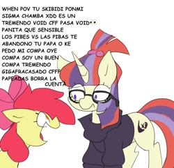 Size: 1000x965 | Tagged: safe, artist:madiwann, derpibooru import, apple bloom, moondancer, earth pony, pony, unicorn, g4, brainrot, clothes, duo, duo female, emoji, female, filly, foal, gen alpha, glasses, horn, mare, meme, shocked, simple background, skibidi toilet, slang, spanish, white background