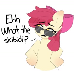 Size: 1819x1819 | Tagged: safe, artist:madiwann, derpibooru import, apple bloom, earth pony, pony, g4, female, filly, foal, gen alpha, meme, simple background, skibidi toilet, slang, solo, sunglasses, white background