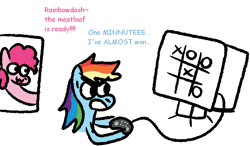 Size: 1000x583 | Tagged: safe, artist:zoeyhorse, derpibooru import, pinkie pie, rainbow dash, earth pony, pegasus, pony, computer, controller, doorway, duo, duo female, female, hoof hold, implied ponies eating meat, lesbian, pinkiedash, shipping, simple background, white background