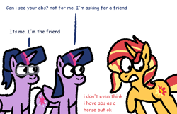 Size: 1000x643 | Tagged: safe, artist:zoeyhorse, derpibooru import, sci-twi, sunset shimmer, twilight sparkle, twilight sparkle (alicorn), alicorn, pony, unicorn, dialogue, female, horn, lesbian, polyamory, sci-twishimmer, ship:sunset twiangle, shipping, simple background, sunsetsparkle, trio, trio female, twolight, unicorn sci-twi, white background