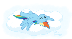 Size: 2000x1096 | Tagged: safe, artist:siemensohm, derpibooru import, rainbow dash, pegasus, pony, g4, cloud, cute, dashabetes, ears, female, floppy ears, lying down, mare, on a cloud, on back, sleeping, sleeping on a cloud, solo, spread wings, wings