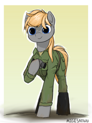 Size: 973x1298 | Tagged: safe, artist:migesanwu, derpibooru import, oc, oc only, earth pony, pony, blue eyes, boots, clothes, earth pony oc, female, front view, gradient background, jumpsuit, looking at you, military pony, raised hoof, raised leg, shoes, signature, solo, standing, standing on three hooves, telescope, yellow mane