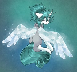 Size: 2081x1939 | Tagged: safe, artist:opalacorn, derpibooru import, oc, oc only, oc:tundral gale, pony, unicorn, abstract background, artificial wings, augmented, eyebrows, eyebrows visible through hair, eyes closed, female, gradient background, horn, looking back, magic, magic wings, mare, sitting, solo, wings