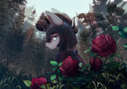 Size: 2480x1748 | Tagged: safe, artist:glumarkoj, derpibooru import, oc, oc only, oc:iron rose, earth pony, armor, blue eyes, commission, detailed background, earth pony oc, flower, forest, helmet, lidded eyes, looking at you, looking back, looking back at you, male, male oc, nature, rose, scar, solo, stallion, stallion oc, tree, ych result