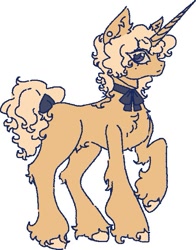 Size: 495x631 | Tagged: safe, artist:junniepiepoopop, derpibooru import, oc, oc only, pony, unicorn, ambiguous gender, beauty mark, blonde, blonde eyelashes, blonde mane, blonde tail, bow, chest fluff, colored eyelashes, colored hooves, colored sclera, concave belly, cream hooves, cream sclera, curly hair, curly mane, curly tail, ear fluff, ear piercing, earring, ears, eye clipping through hair, eyelashes, fetlock tuft, fluffy, frown, gauges, hock fluff, hooves, horn, jewelry, long horn, looking back, missing cutie mark, neck ribbon, piercing, profile, purple eyes, purple pupils, raised hoof, raised leg, shoulder fluff, simple background, solo, standing, standing on three hooves, tail, tail accessory, tail bow, tied tail, unicorn horn, unicorn oc, unshorn fetlocks, white background, yellow coat