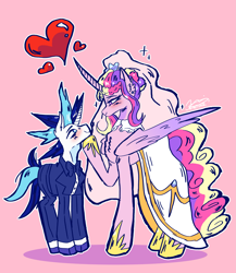 Size: 2899x3336 | Tagged: safe, artist:riyalumpia, derpibooru import, princess cadance, shining armor, alicorn, pony, unicorn, g4, blushing, bowtie, clothes, dress, duo, duo female, female, floating heart, heart, high res, hoof on chin, horn, lidded eyes, looking at each other, looking at someone, male, mare, meme, necktie, pink background, shiningcadance, shipping, simple background, smiling, smiling at each other, straight, the bride and the ugly ass groom, tuxedo, veil, wedding dress, wedding veil