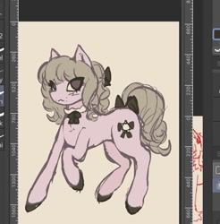 Size: 726x739 | Tagged: safe, artist:junniepiepoopop, derpibooru import, pony, unicorn, acne, art program in frame, black hooves, blush scribble, blushing, bow, brown eyes, colored hooves, colored sketch, cream coat, curly hair, curly mane, curly tail, eye clipping through hair, fear and hunger 2, female, gray mane, gray tail, hair accessory, hair bow, hooves, horn, mane accessory, mare, marina (fear and hunger), missing horn, no catchlights, no pupils, ponified, raised hoof, raised leg, sailor collar, sketch, smiling, solo, species swap, standing on three hooves, tail, tail accessory, tail bow