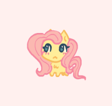 Size: 225x212 | Tagged: safe, artist:junniepiepoopop, derpibooru import, fluttershy, pegasus, pony, g4, :<, blush lines, blushing, chibi, colored, cute, eyelashes, female, flat colors, frown, looking away, mare, pink background, pink mane, pink tail, requested art, shyabetes, simple background, smol, solo, standing, tail, teal eyes, wavy mane, wavy tail, wingless, yellow coat