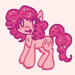 Size: 296x296 | Tagged: safe, artist:junniepiepoopop, derpibooru import, pinkie pie, earth pony, pony, g4, alternate design, big hooves, blue eyes, blush scribble, blushing, chest fluff, colored, curly hair, curly mane, curly tail, dot eyes, eye clipping through hair, eyelashes, female, flat colors, looking back, mare, pink coat, pink mane, pink tail, requested art, smiling, solo, standing, tail, tongue, tongue out