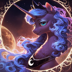 Size: 1216x1216 | Tagged: safe, ai content, derpibooru import, generator:pony diffusion v6 xl, generator:stable diffusion, machine learning generated, princess luna, alicorn, pony, g4, abstract background, bust, female, horn, mare, moon, portrait, prompter:star-dragon, solo, stars