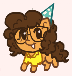 Size: 438x459 | Tagged: safe, artist:junniepiepoopop, derpibooru import, cheese sandwich, earth pony, pony, g4, brown mane, brown tail, chibi, clothes, collared shirt, colored, colored lineart, curly hair, curly mane, curly tail, cute, diacheeses, dot eyes, flat colors, hat, male, missing cutie mark, open mouth, open smile, party hat, pink background, raised leg, requested art, shirt, simple background, smiling, solo, stallion, t-shirt, tail, yellow shirt