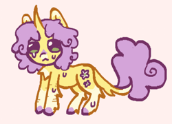 Size: 471x340 | Tagged: safe, artist:junniepiepoopop, derpibooru import, sunshine petals, pony, unicorn, g4, :<, alternate design, alternate hairstyle, alternate tailstyle, background pony, chest fluff, chibi, coat markings, colored chest fluff, colored eartips, colored hooves, colored tailtip, crying, curly hair, curly mane, curly tail, curved horn, facial markings, frown, green eyes, hock fluff, hooves, horn, leonine tail, pink background, purple hooves, purple mane, purple tail, requested art, scar, self harm, self harm scars, simple background, snip (coat marking), socks (coat marking), standing, sweat, tail, tail fluff, thin, two toned ears, unicorn horn, yellow coat