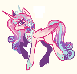 Size: 422x405 | Tagged: safe, artist:junniepiepoopop, derpibooru import, princess flurry heart, alicorn, pony, g4, bipedal, blank flank, blushing, colored wings, colored wingtips, concave belly, crown, curly hair, curly mane, curly tail, ear fluff, ears, eyelashes, female, folded wings, gameloft, gameloft interpretation, hoof shoes, horn, jewelry, long horn, long legs, long mane, long tail, looking back, mare, multicolored mane, multicolored tail, off-white background, older, older flurry heart, peytral, pink coat, pink wingtips, pixel-crisp art, princess shoes, profile, purple eyelashes, raised hoof, raised leg, regalia, simple background, slender, smiling, solo, striped mane, striped tail, tail, thin, thin legs, three toned wings, tiara, white background, wings