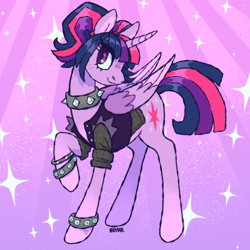 Size: 1000x1000 | Tagged: safe, artist:beyhr, derpibooru import, twilight sparkle, twilight sparkle (alicorn), alicorn, pony, g4, bangs, clothes, collar, colored pinnae, colored wings, colored wingtips, cutie mark eyes, eye clipping through hair, eyelashes, female, folded wings, freckles, gameloft, gameloft interpretation, gradient background, hair tie, heart, heart mark, horn, jacket, long legs, looking back, mare, my little pony: magic princess, ponytail, profile, purple coat, purple eyes, purple wingtips, raised hoof, raised leg, rockstar sparkle, shiny mane, shiny tail, signature, smiling, solo, sparkles, sparkly background, spiked collar, spiked wristband, standing on three hooves, straight mane, straight tail, sunburst background, three toned wings, tied mane, unicorn horn, wingding eyes, wings, wristband