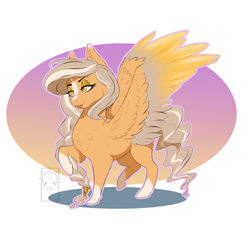 Size: 1000x1000 | Tagged: safe, artist:unichromacorn, derpibooru import, oc, oc only, pegasus, pony, braid, full body, gray mane, gray tail, mare oc, pegasus oc, raised hoof, raised leg, solo, yellow coat