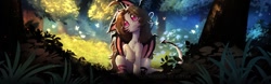 Size: 1199x376 | Tagged: safe, artist:viryav, derpibooru import, oc, oc only, oc:tyutya, butterfly, demon, demon pony, pony, blushing, branches, brown hair, bush, chest fluff, clothes, colored pupils, colorful, complex background, devil tail, eye clipping through hair, eyebrows, eyebrows visible through hair, facial markings, female, flower, fluffy, forest, full body, grass, gray eyes, horns, leaves, long hair, looking at you, mare, mare oc, nature, pink pupils, question mark, shiny mane, signature, slender, solo, sticks, stockings, sun rays, tail, thigh highs, thin, tree, white body