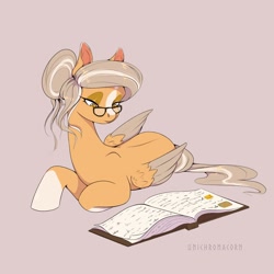 Size: 2000x2000 | Tagged: safe, artist:unichromacorn, derpibooru import, oc, oc only, pegasus, pony, book, coat markings, colored wings, colored wingtips, glasses, grey hair, lidded eyes, lying down, mare oc, orange coat, pegasus oc, prone, socks (coat marking), solo, wings