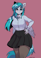 Size: 2480x3508 | Tagged: safe, artist:cherry_kotya, derpibooru import, oc, oc:vinyl dask, anthro, pegasus, pony, clothes, looking at you, pantyhose, shirt, skirt, tights, wings