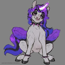 Size: 2000x2000 | Tagged: safe, artist:unichromacorn, derpibooru import, oc, oc only, alicorn, pony, alicorn oc, collar, female, front view, gray background, horn, mare, mare oc, nose piercing, nose ring, piercing, purple hair, purple tail, simple background, sitting, smiling, solo, spiked collar, spiked wristband, tail, white coat, wings, wristband