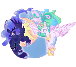 Size: 2372x2088 | Tagged: safe, artist:saskaw, derpibooru import, princess celestia, princess luna, alicorn, pony, g4, duo, duo female, female, flying, looking at each other, looking at someone, mare, royal sisters, siblings, simple background, sisters, smiling, smiling at each other, spread wings, transparent background, wings