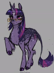 Size: 1517x2048 | Tagged: safe, artist:unichromacorn, derpibooru import, twilight sparkle, unicorn twilight, pony, unicorn, alternate design, female, glasses, gray background, horn, leg fluff, leonine tail, mare, purple coat, raised hoof, raised leg, simple background, sketch, solo, tail