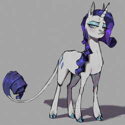 Size: 1500x1500 | Tagged: safe, artist:unichromacorn, derpibooru import, rarity, oc, oc only, pony, unicorn, blue hooves, female, full body, gray background, horn, leonine tail, mare, purple mane, purple tail, simple background, solo, tail, white coat