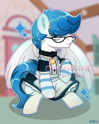 Size: 1920x2396 | Tagged: safe, artist:scarffist, derpibooru import, oc, oc only, pegasus, pony, base used, blue eyes, clothes, collar, commission, crossdressing, cute, glasses, light skin, maid, male, obtrusive watermark, short hair, short mane, solo, sparkles, stockings, thigh highs, watermark, ych result