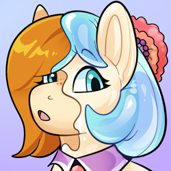 Size: 600x600 | Tagged: safe, artist:rindeadsong, derpibooru import, coco pommel, oc, oc:copper moon, earth pony, inflatable pony, pony, character to character, eyebrows, eyebrows visible through hair, gradient background, inflatable, open mouth, rubber, shiny, solo, surprised, transformation, transformation sequence