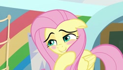 Size: 1920x1088 | Tagged: safe, derpibooru import, screencap, fluttershy, pegasus, g4, season 9, she's all yak, blush sticker, blushing, cute, hair covering face, shyabetes, solo