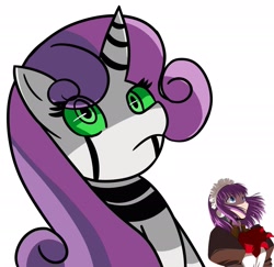 Size: 2048x1991 | Tagged: safe, artist:shon351, derpibooru import, sweetie belle, sweetie bot, pony, robot, robot pony, bust, cel shading, female, gynoid, looking up, mare, mecha-hisui, melty blood, older, older sweetie belle, older sweetie bot, portrait, reference, shading, simple background, solo, type-moon, white background, wide eyes