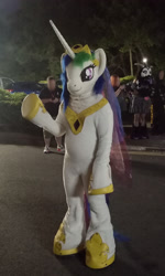 Size: 1492x2488 | Tagged: safe, artist:atalonthedeer, derpibooru import, princess celestia, alicorn, human, g4, 2023, clothes, comic con, convention, cosplay, costume, dublin comic con, dublin comic con 2023, female, fursuit, irl, irl human, jewelry, night, photo, ponysuit, regalia, solo focus